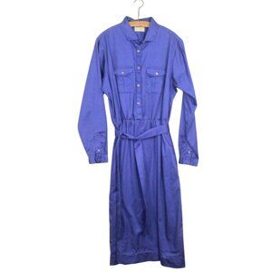 Vintage LL Bean Button Up Long Sleeve Collared Midi Dress Blue Size 20